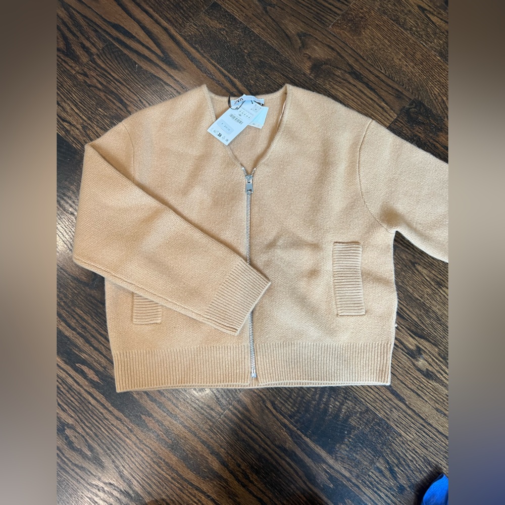 Zara Womens 100% wool Camel Zip-Up Jacket/cardigan